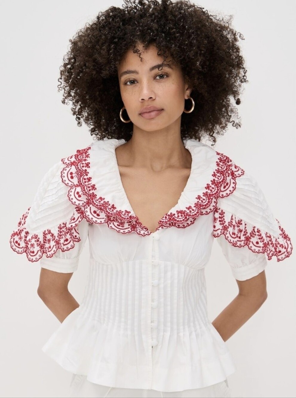Damson Madder White Corset-Inspired Peplum Blouse with Red Embroidered Collar